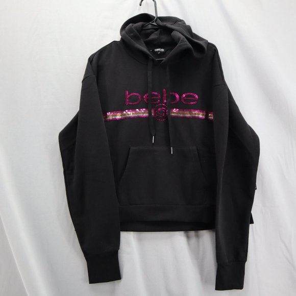 bebe Jackets & Blazers - Bebe Womens Pullover Hoodie Sequin Logo Size XL Black Sweatshirt New